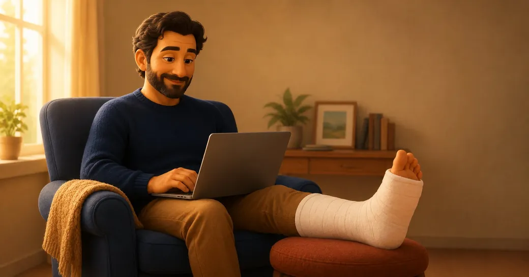 A man recovering from an injury at home, working calmly on a laptop with his leg in a cast — disability insurance that keeps income flowing.