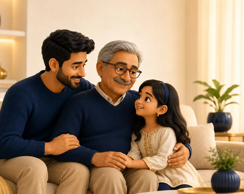 A multi-generational Canadian family sharing a calm, loving moment at home