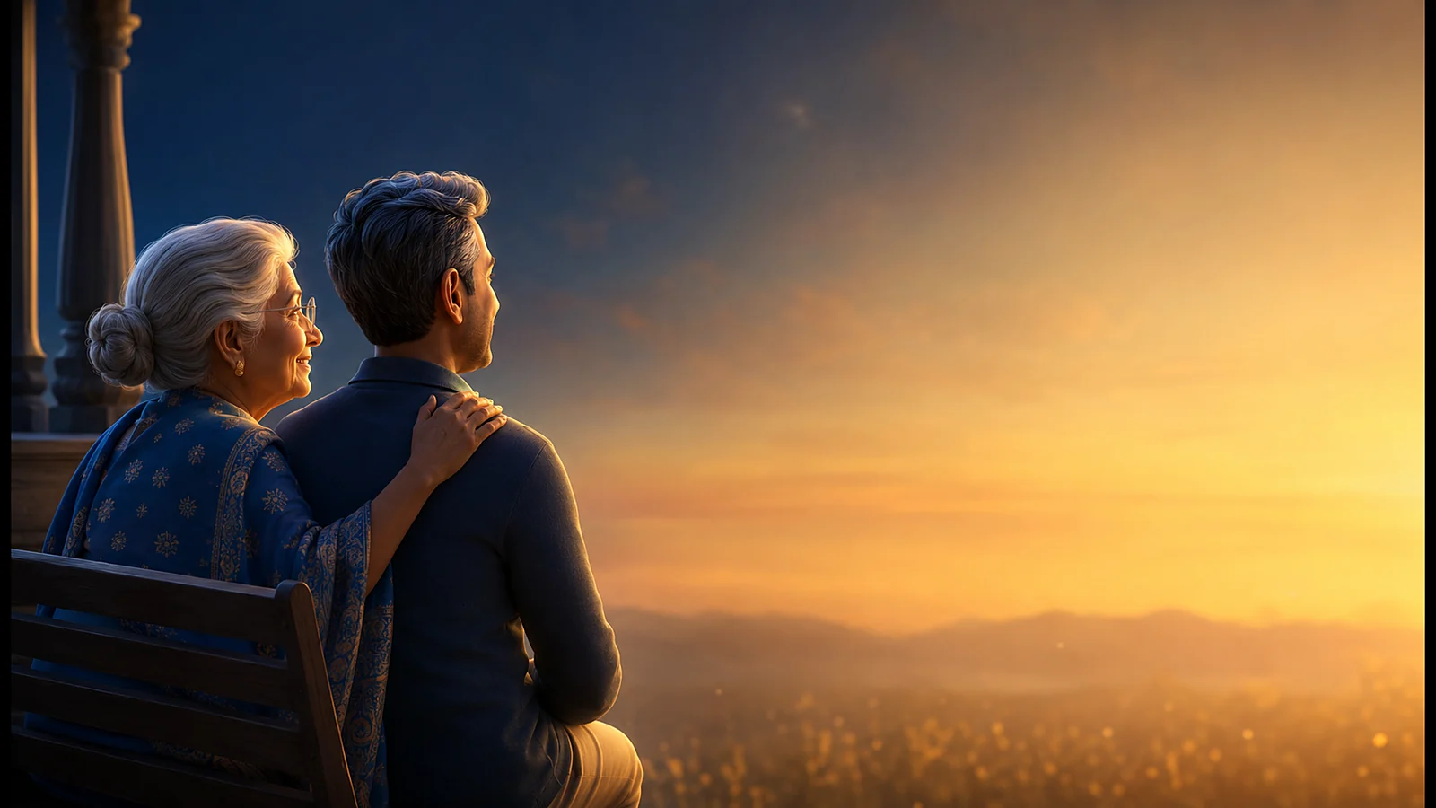 An elderly Canadian parent and their adult child sitting peacefully together at golden hour — funeral and final expense insurance giving families peace of mind, 3D illustration