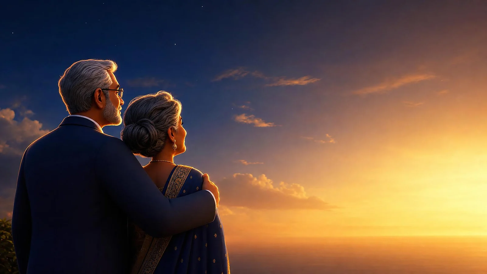 A dignified mature Canadian couple looking toward a warm golden horizon — participating whole life insurance building lasting value through decades of dividends, 3D illustration