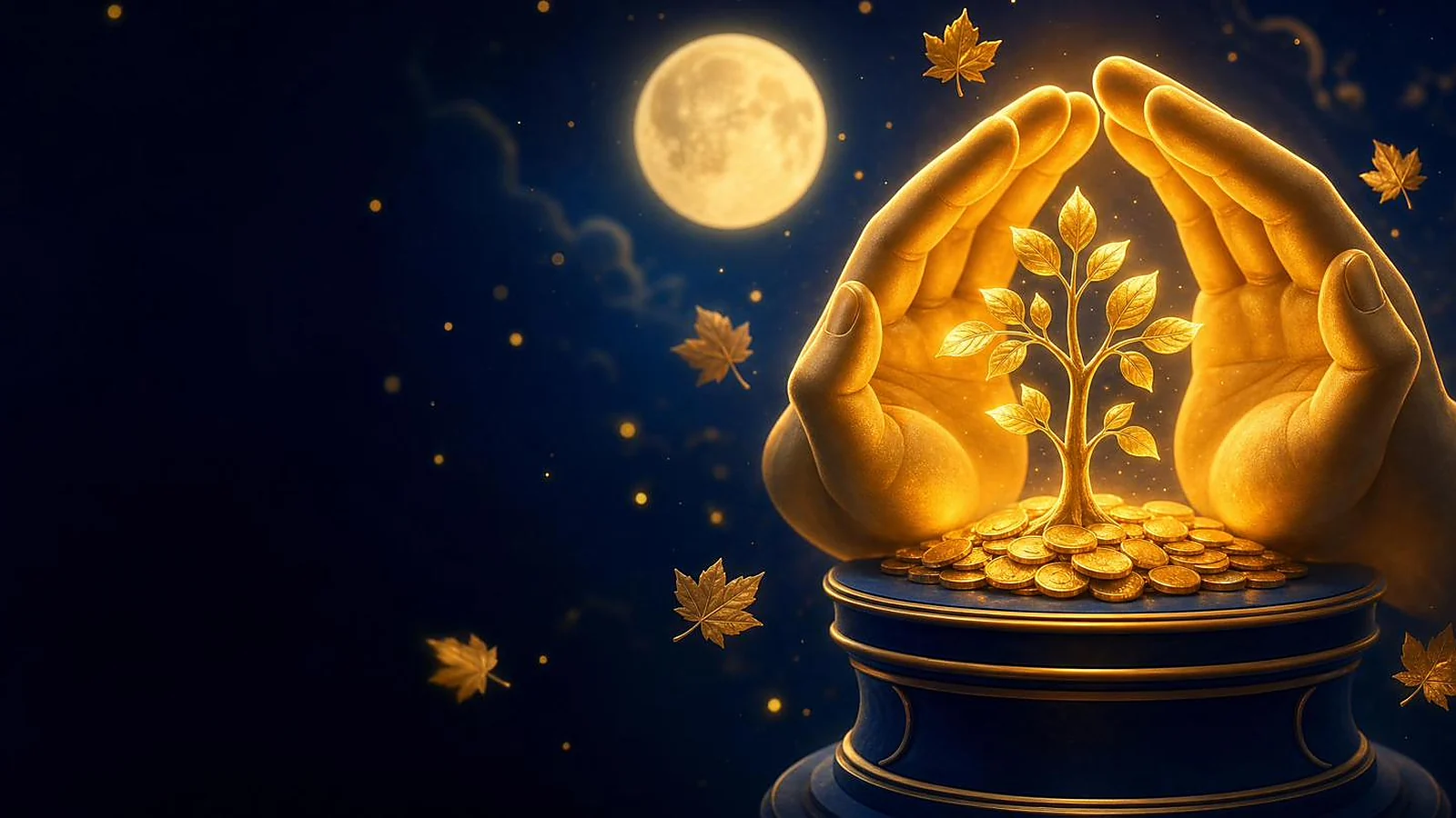 RDSP in Canada — illustration of glowing golden hands sheltering a growing money tree under a protective light, disability savings grown with government grants and held in a segregated fund contract