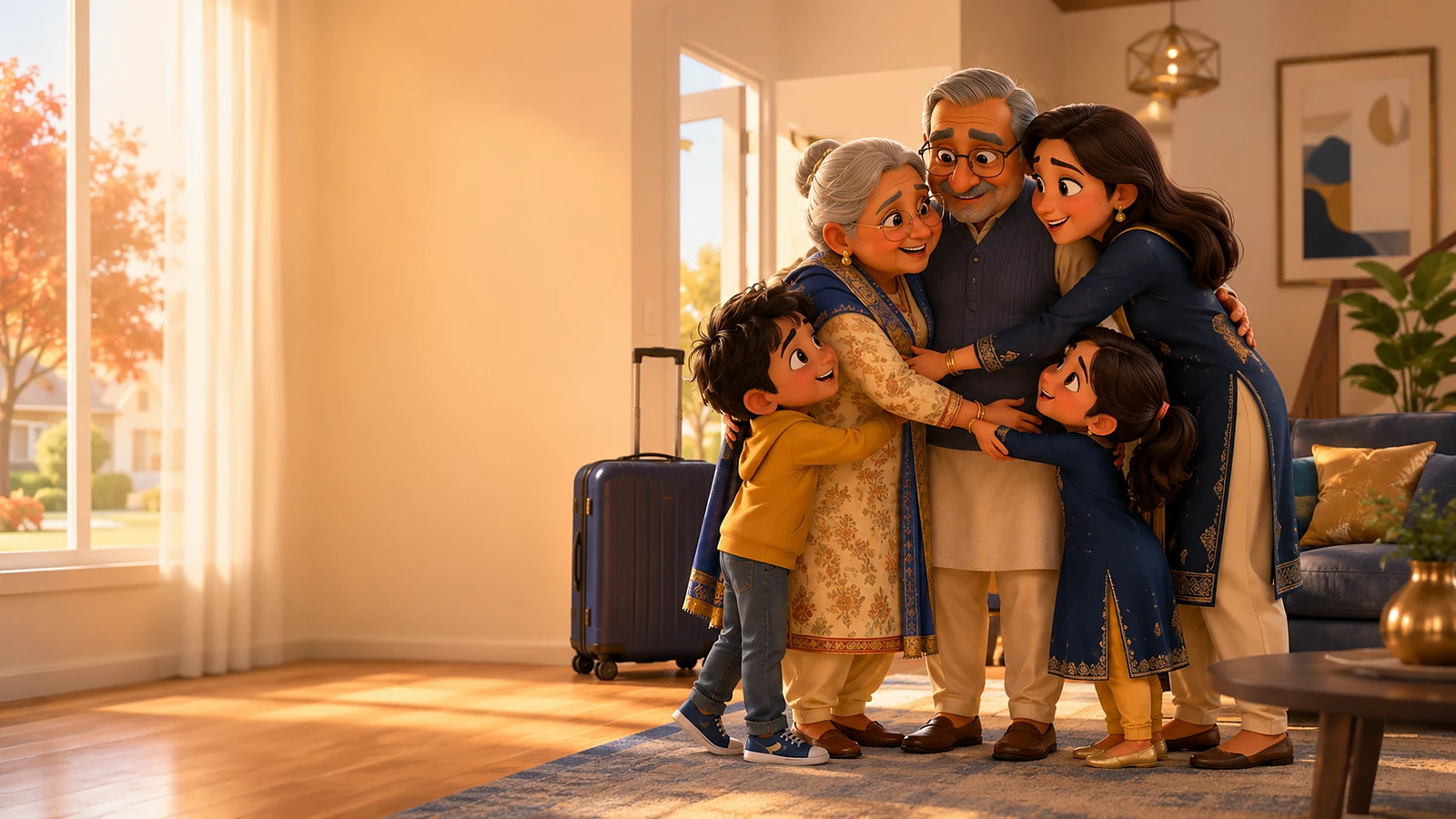 A visiting grandmother and grandfather being warmly welcomed home by their daughter and two grandchildren in a sunlit Canadian living room — the visiting parents and grandparents who most need visitor insurance, 3D illustration