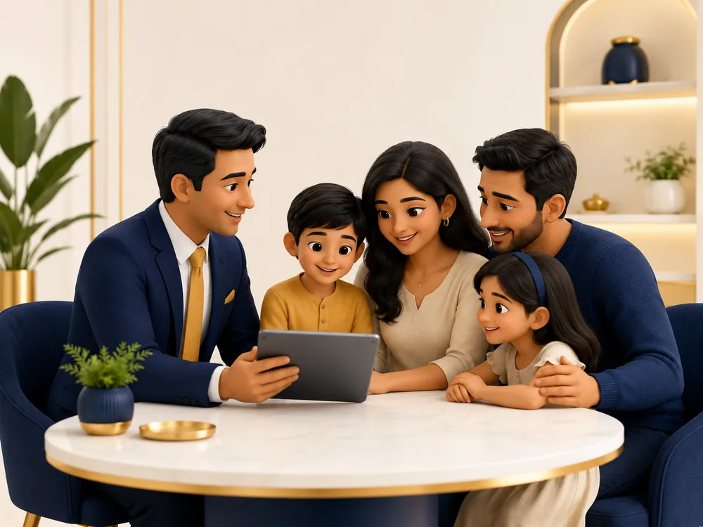 Daya Insurance advisor reviewing insurance options with a young Canadian family &mdash; 3D illustration