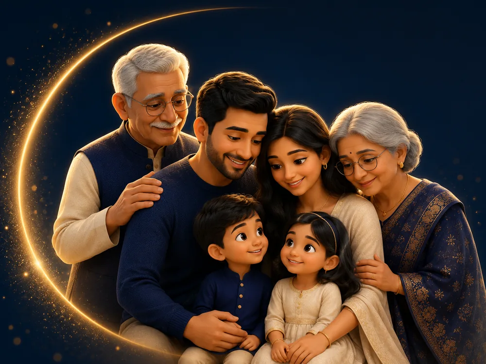 Multi-generational South Asian Canadian family together &mdash; life insurance protecting families across generations, 3D illustration