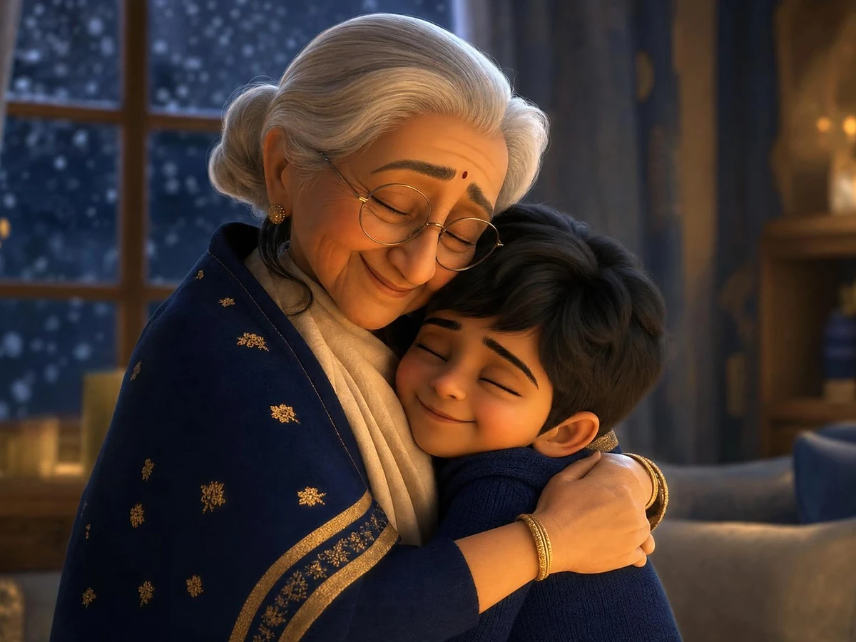A grandmother and her young grandchild share a warm embrace at home in Canada — the kind of family reunion Super Visa insurance helps protect.